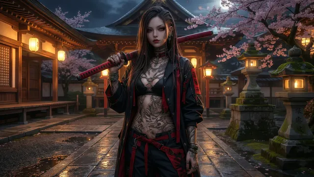 Midnight Sakura Ronin 4K AI Wallpaper
