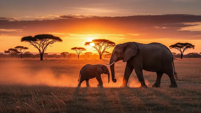 Sunset and elephants 4K 4K AI Wallpaper