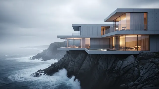 Cliffside Modern House 4K 4K AI Wallpaper