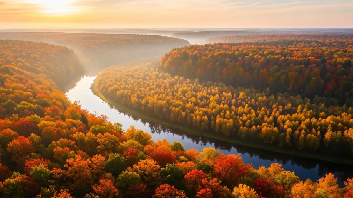 Winding River in Autumn Forest 4K 4K Wallpaper
