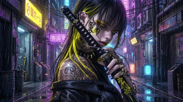 Neon Street Samurai 4K 4K AI Wallpaper