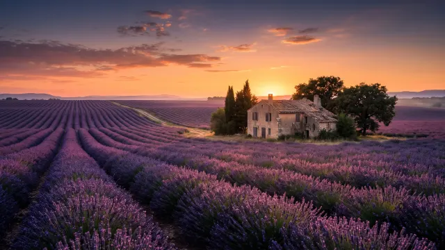 Lavender Farmhouse Sunrise 4K 4K AI Wallpaper