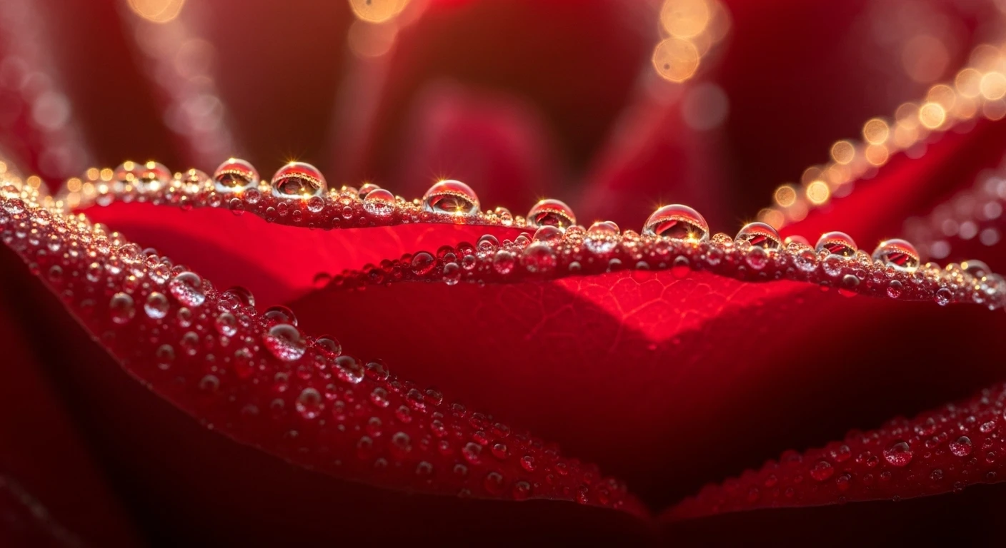 Macro Shot Red Rose Petals with Dew Drops 4K